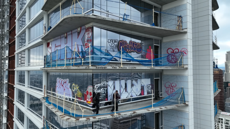 Will LA's infamous Graffiti Towers finally be finished before the 2028 Olympics? Oceanwide Plaza towers over Downtown LA.